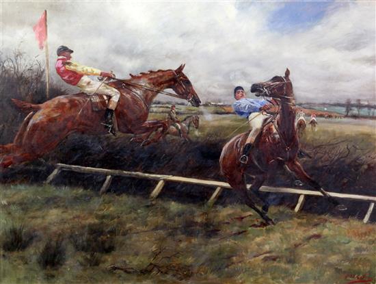 Godfrey Douglas Giles (1857-1923) Steeplechasing with horse refusing a fence 22 x 29.5in.